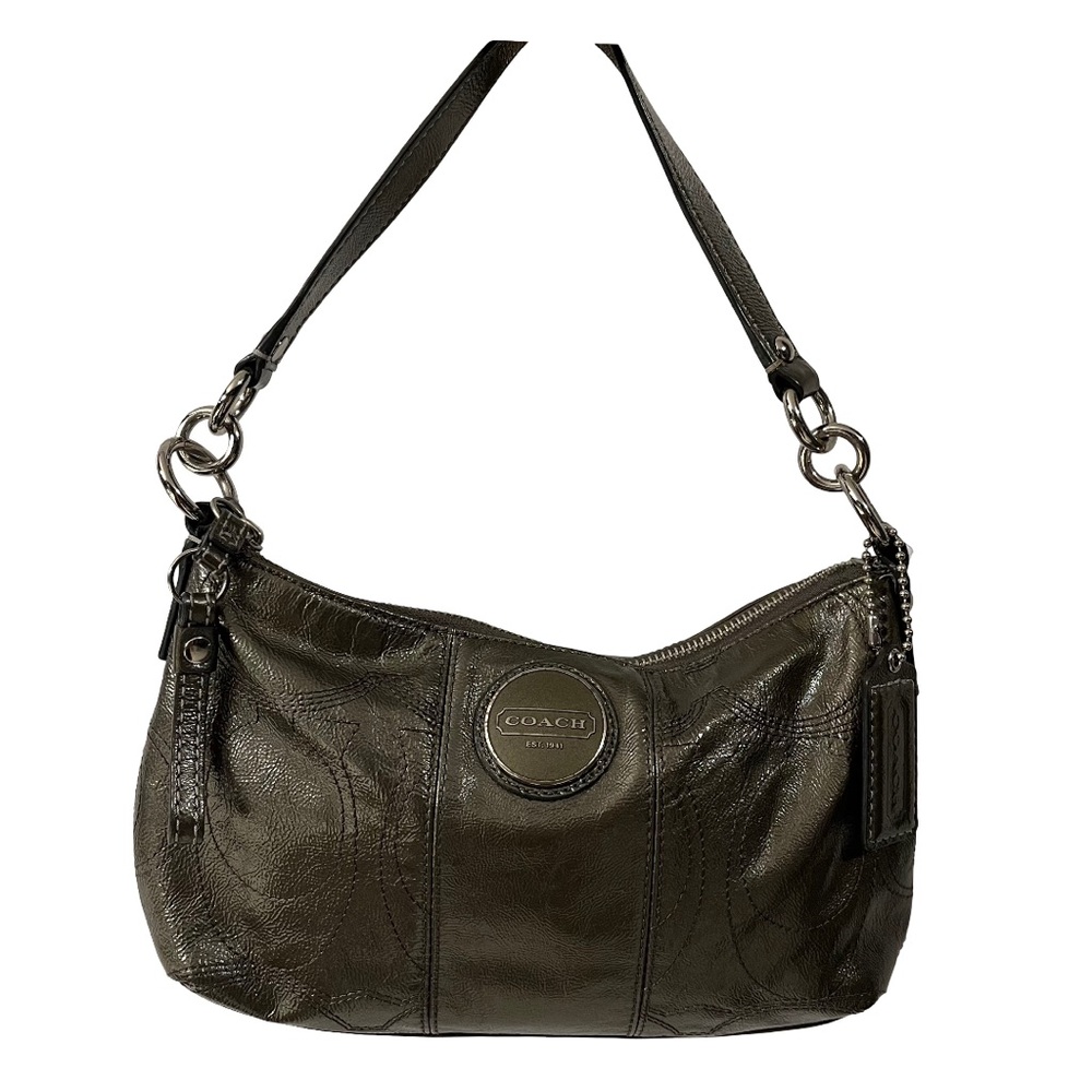 Coach Gold/Brown patent leather shoulder bag.